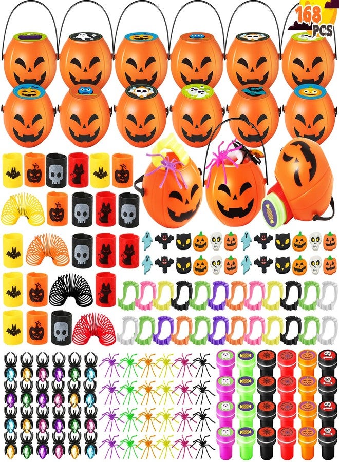ShyLizard 168PCS Halloween Party Favor for Kids, 24Pack Prefilled Halloween Pumpkins with Toys, Spider, Vampire Teeth, Spider Ring, Springs, Erases and Stamps for Trick or Treat, Halloween Goodies Bag Stuffers - Image 1